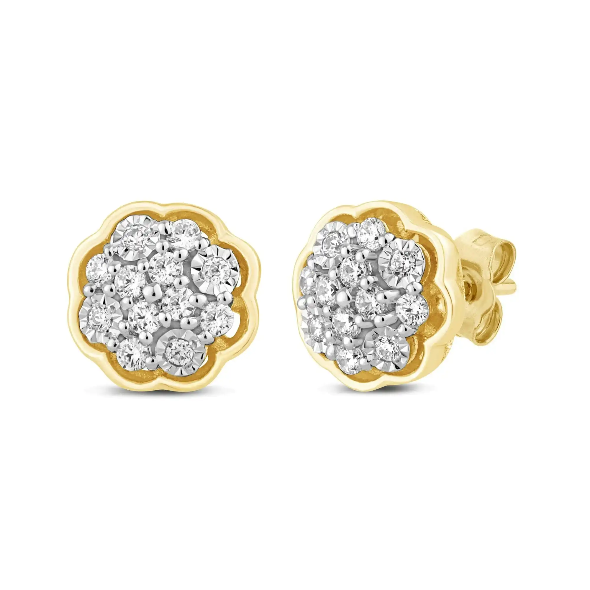 Flower Stud Earrings with 0.10ct of Diamonds in 9ct Yellow Gold