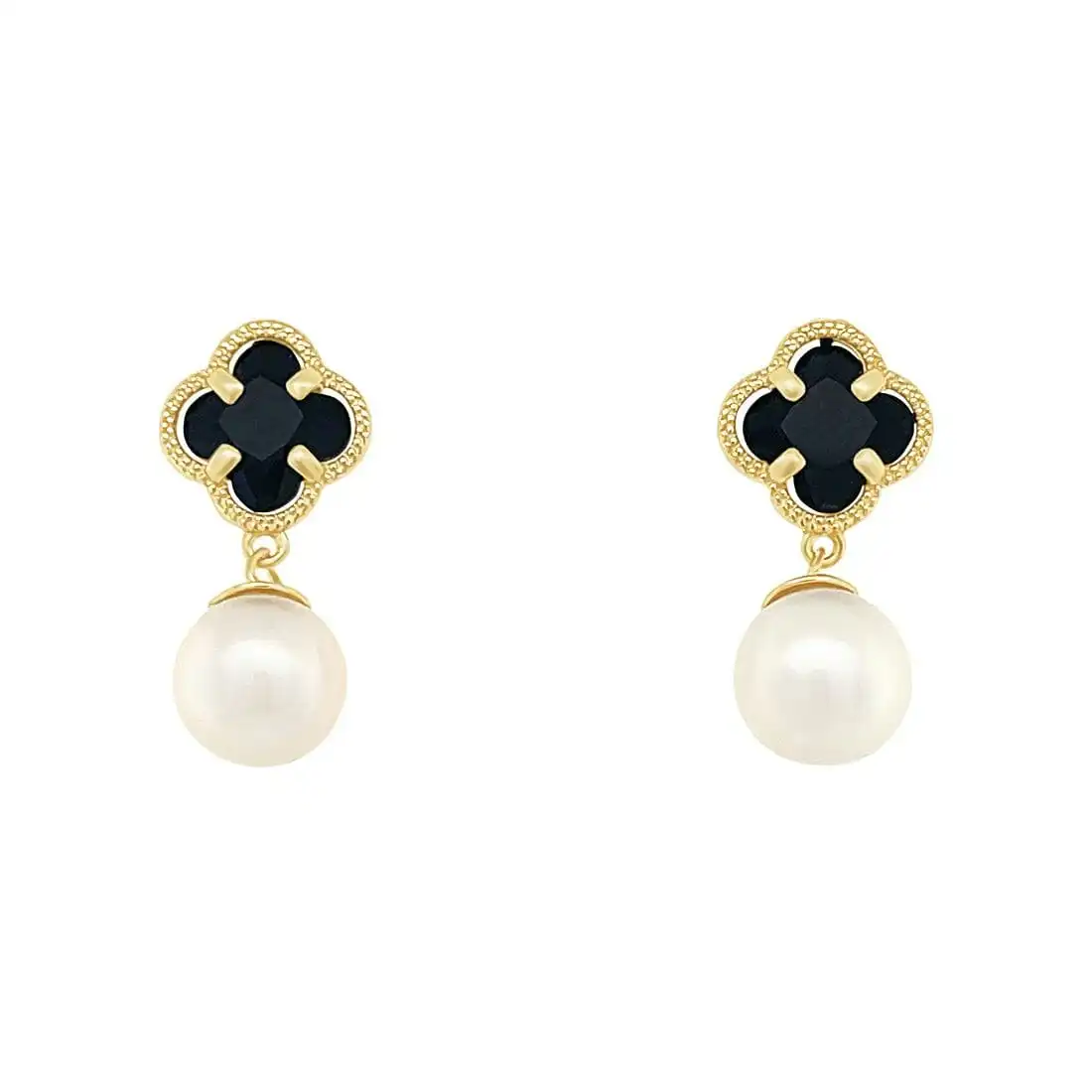 Black Clover and Pearl Stud Earrings in 9ct Yellow Gold Silver Infused