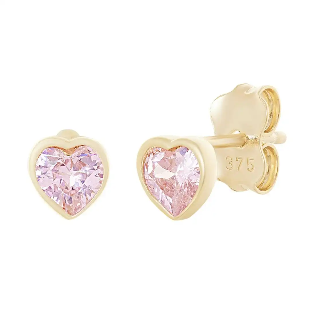 Pink Cubic Zirconia Heart Stud Earrings in 9ct Yellow Gold