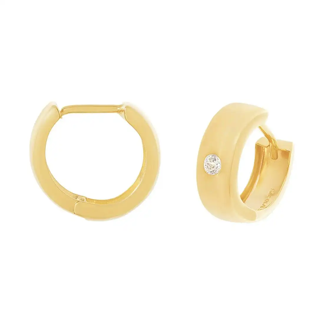 9ct Yellow Gold Silver Infused Huggies Earrings with Cubic Zirconia 10mm