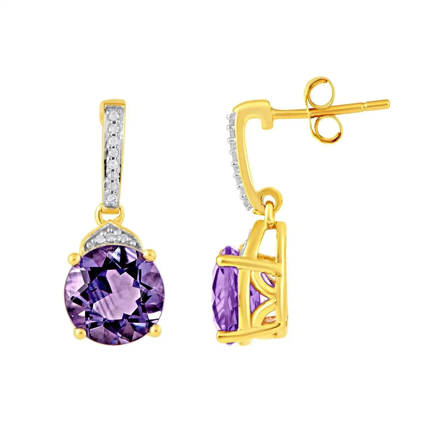 Diamond Set Stud Earrings with Amethyst in 9ct Yellow Gold