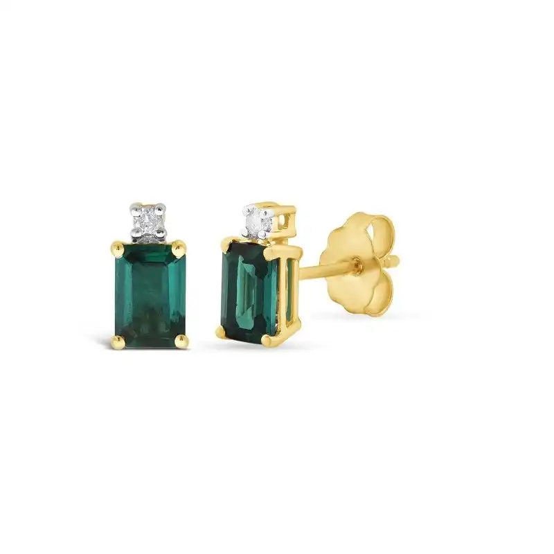 Diamond Set Created Emerald Stud Earrings in 9ct Yellow Gold