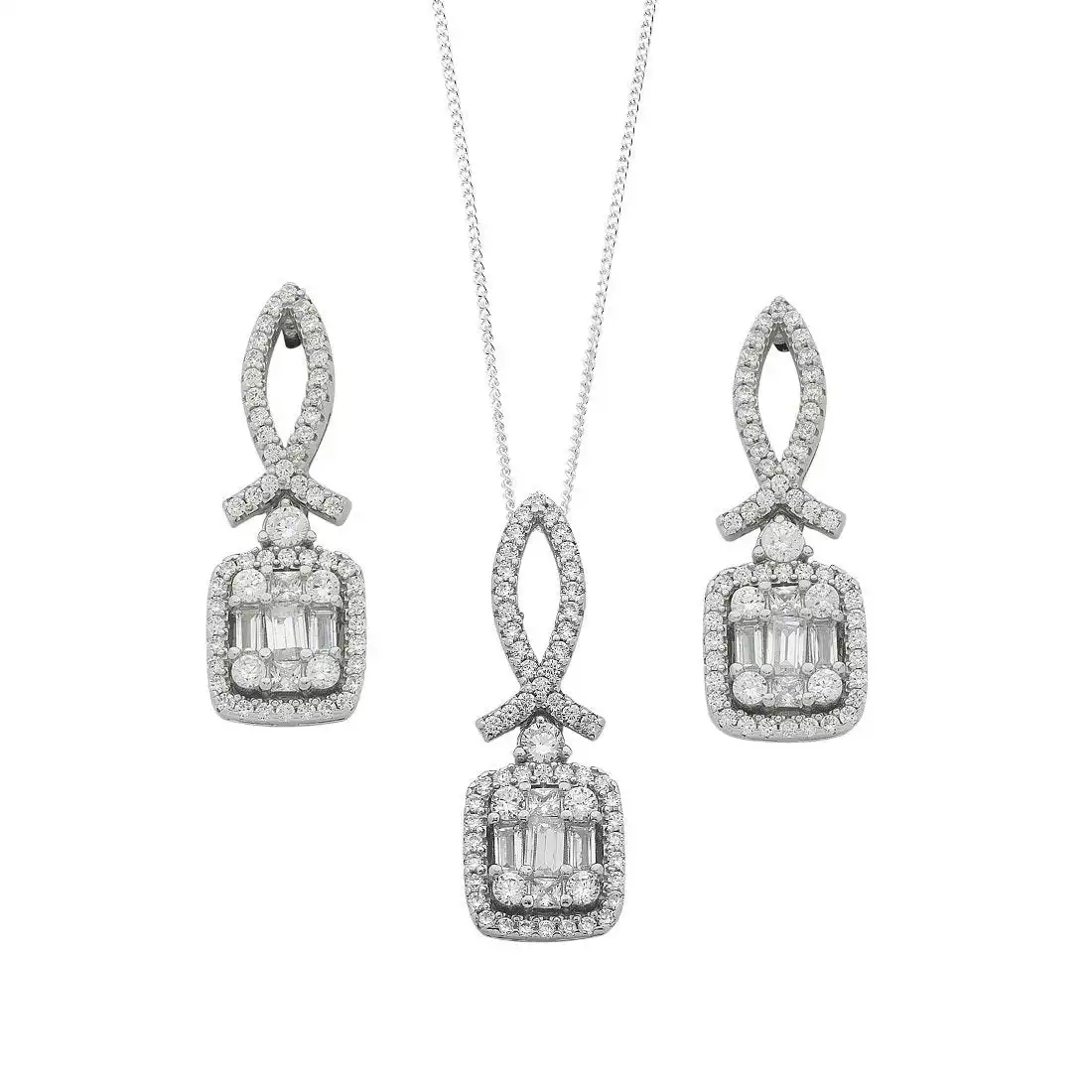 Sterling Silver Baguette Cubic Zirconia Cluster Earrings and Necklace Set