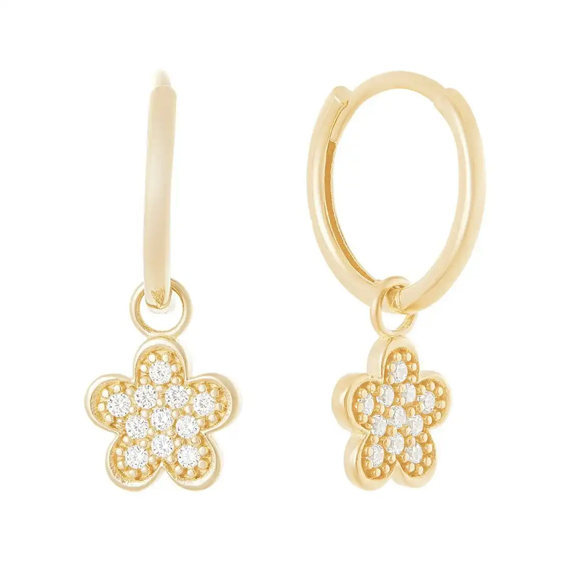 9ct Yellow Gold Pave Flower Charms Hoop Earrings with Cubic Zirconia