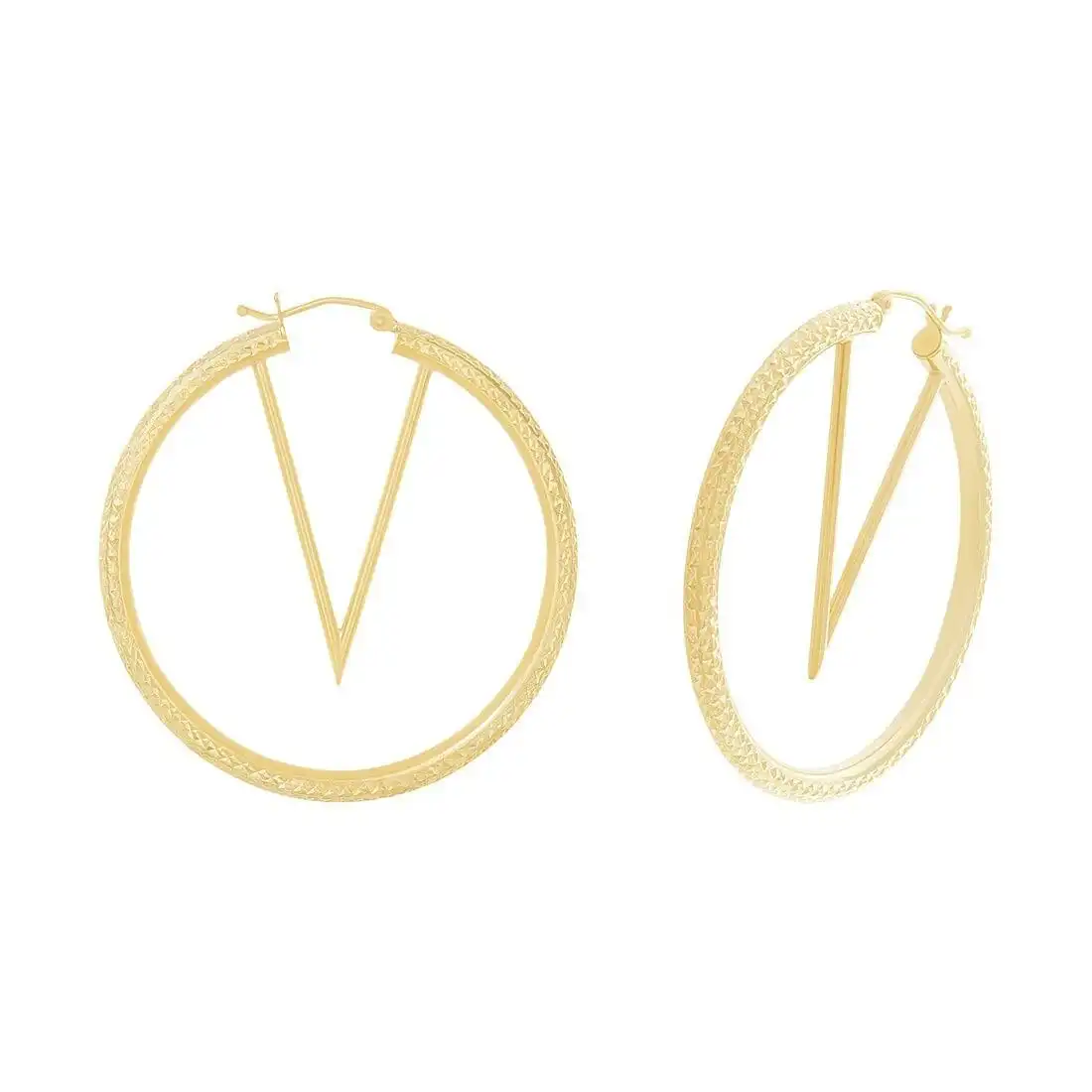 V Shape Centre Hoop Earrings in 9ct Yellow Gold Silver Infused 55mm