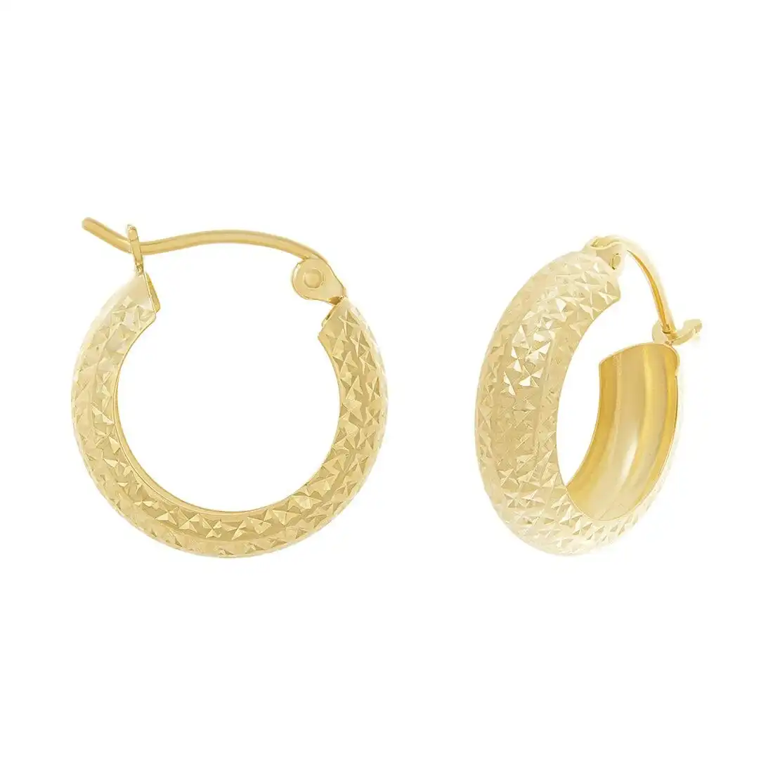 9ct Yellow Gold Silver Infused Diamond Cut Hoop Earrings 15mm