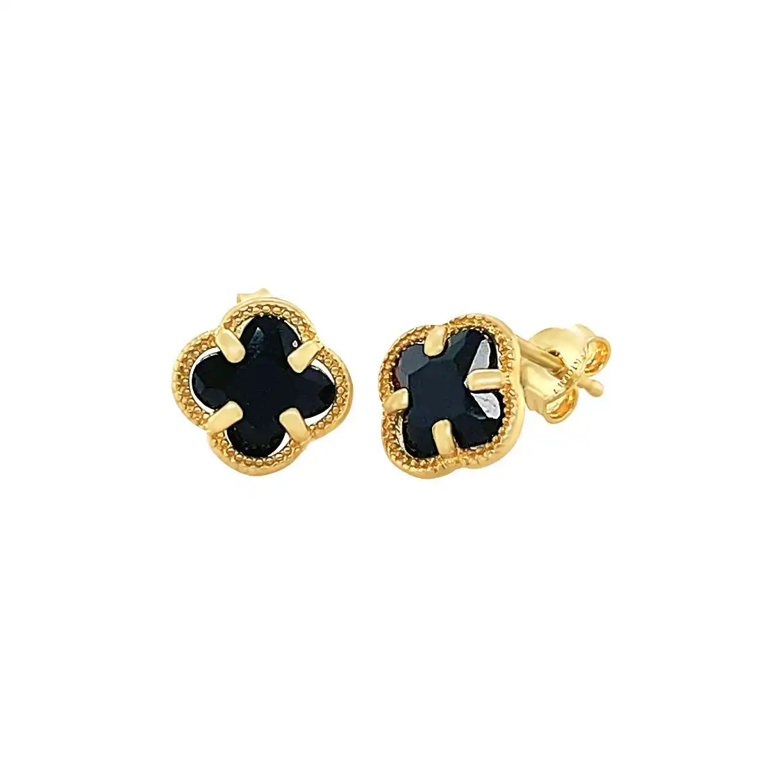 9ct Yellow Gold Silver Infused Black 4 Leaf Clover Stud Earrings