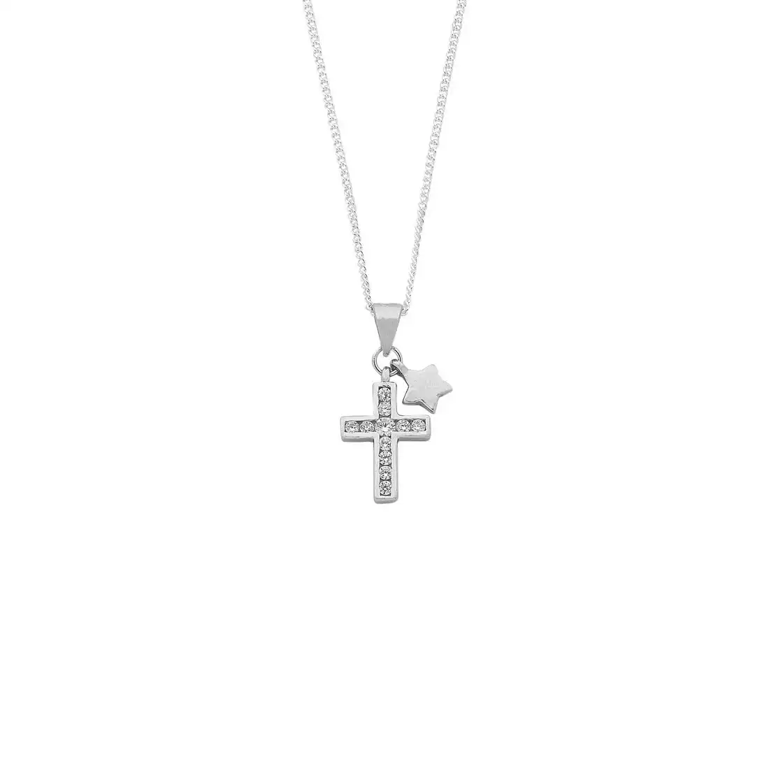 45cm Sterling Silver Cross and Star Cubic Zirconia Necklace