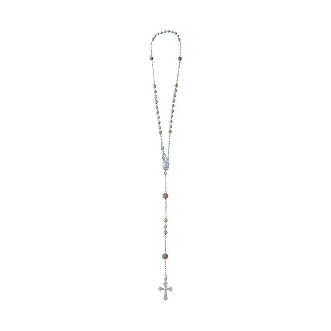Sterling Silver and Rose Rosary Bead with Cross Long Necklace
