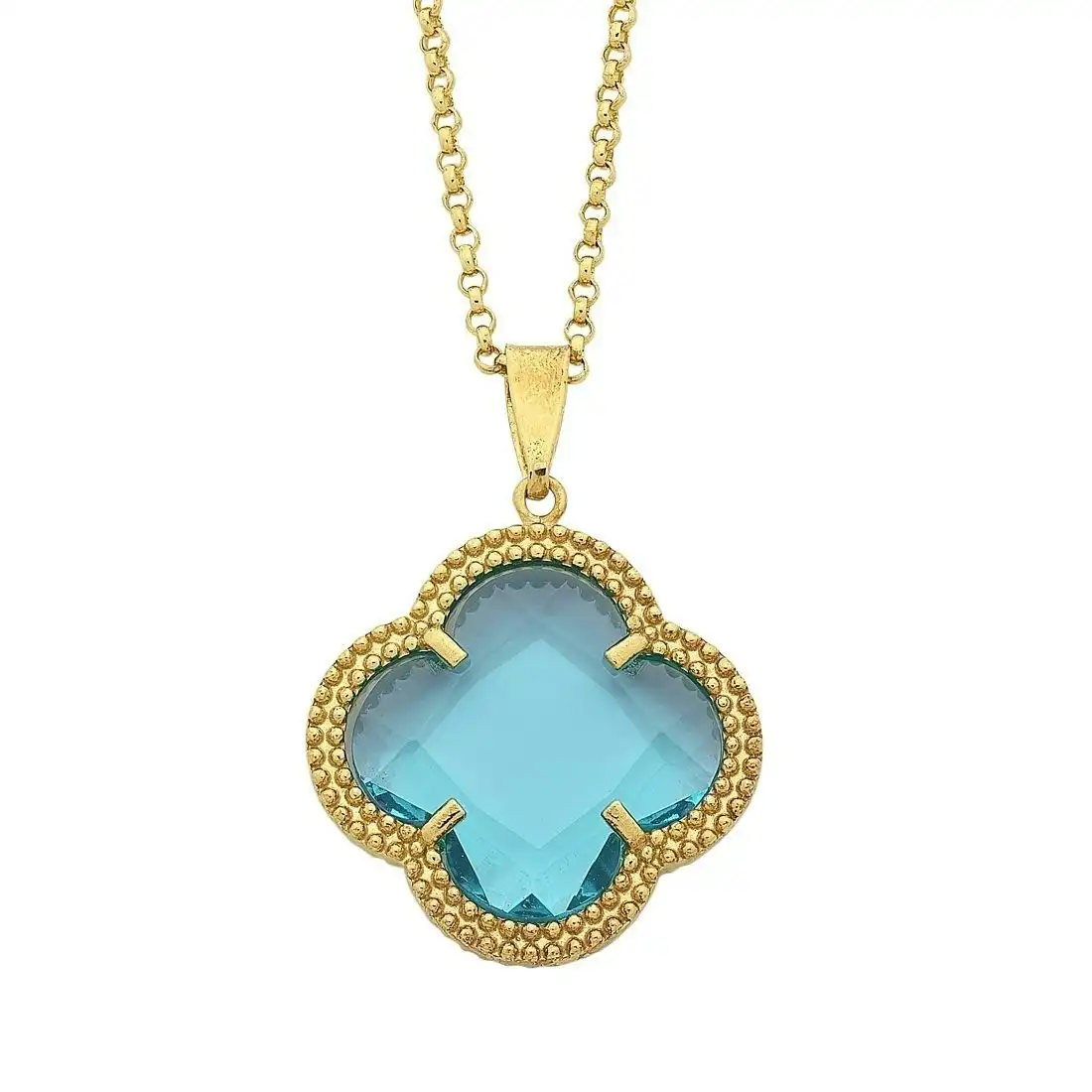 9ct Yellow Gold 4 Leaf Clover Blue Centre Stone Necklace