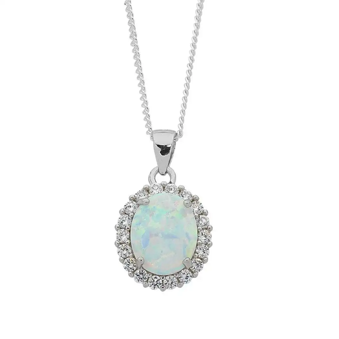 45cm October Birthstone Sterling Silver Oval Synthetic Opal and Cubic Zirconia Necklace