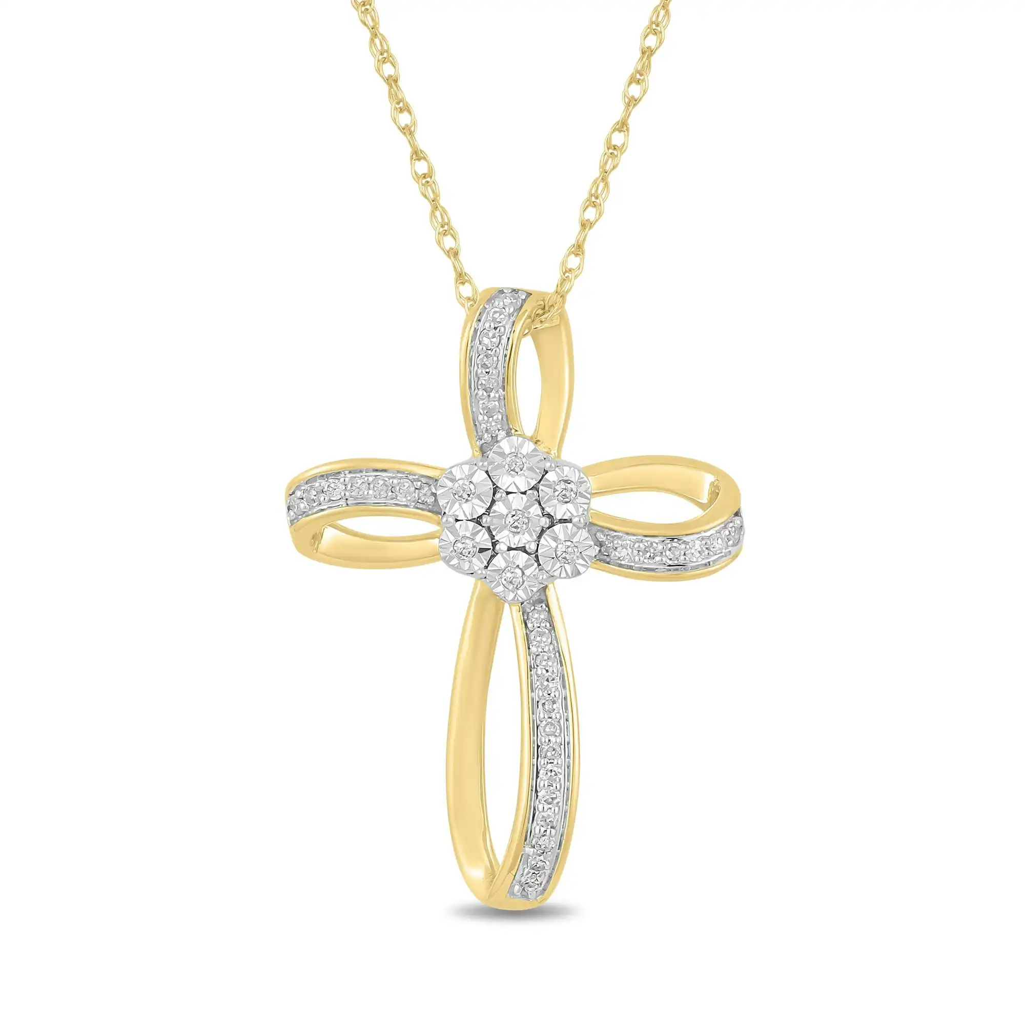 Fancy Cross Necklace with 0.10ct of Diamonds in 9ct Yellow Gold
