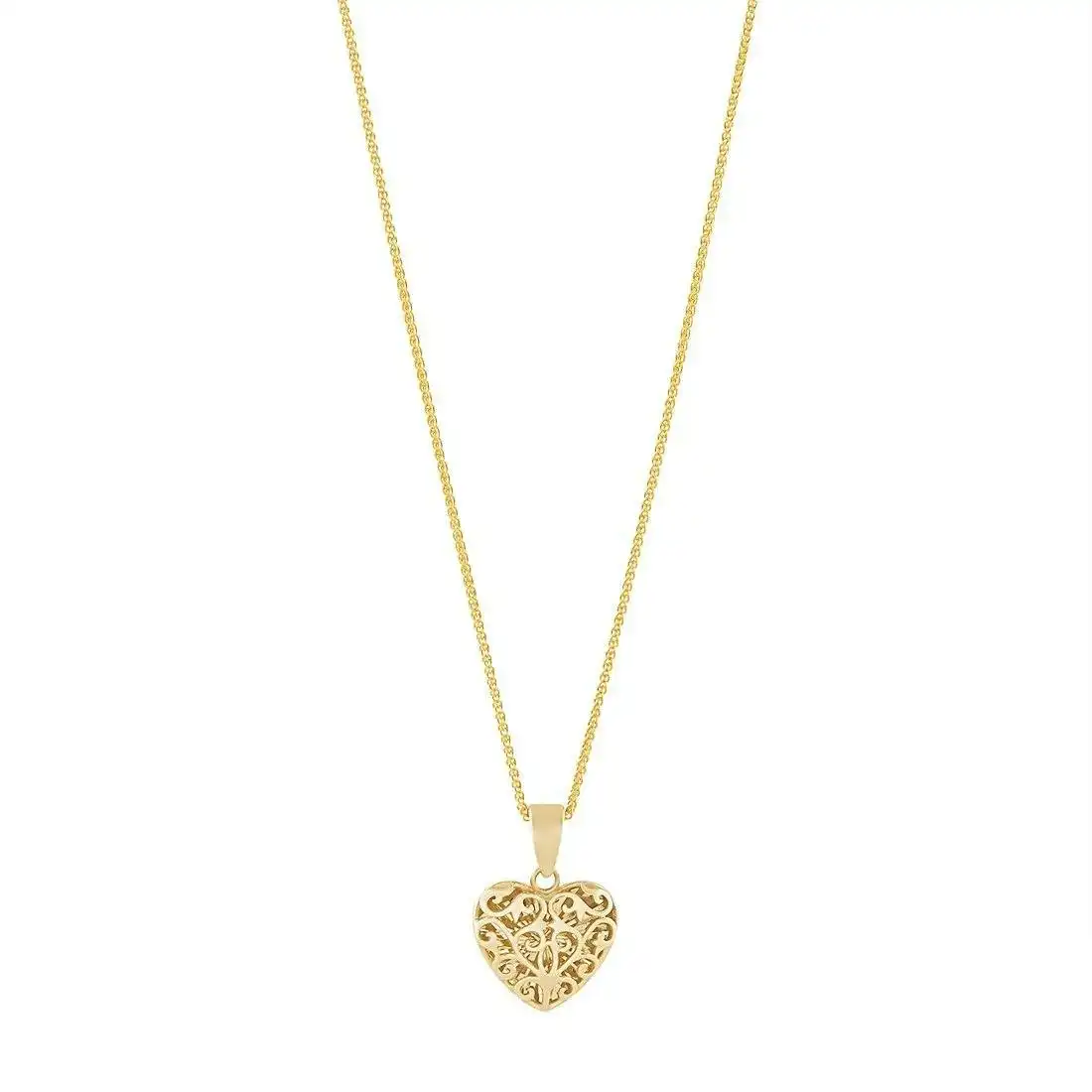 9ct Yellow Gold Plain Filigree Heart Necklace