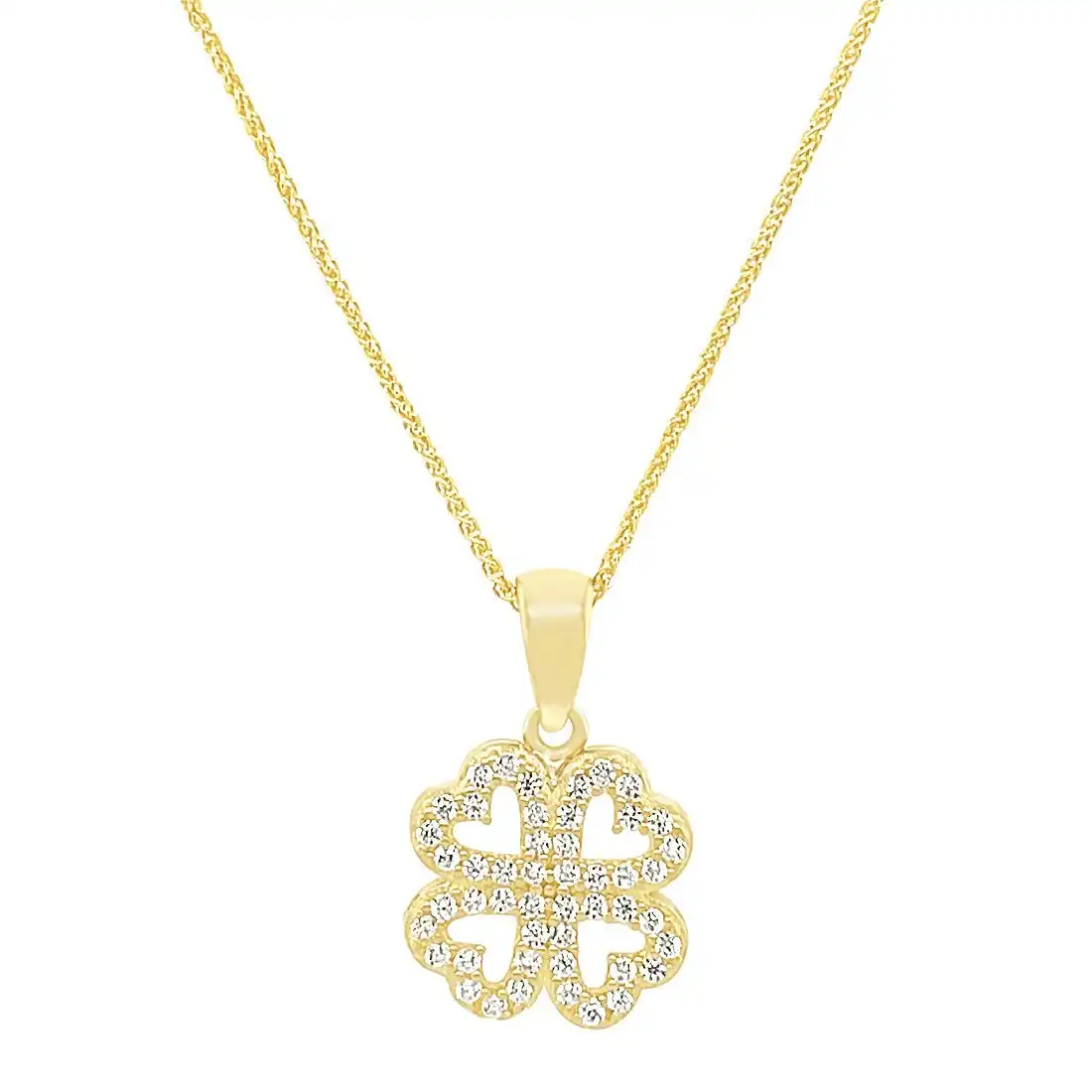 9ct Yellow Gold 4 Leaf Clover Necklace with Cubic Zirconia