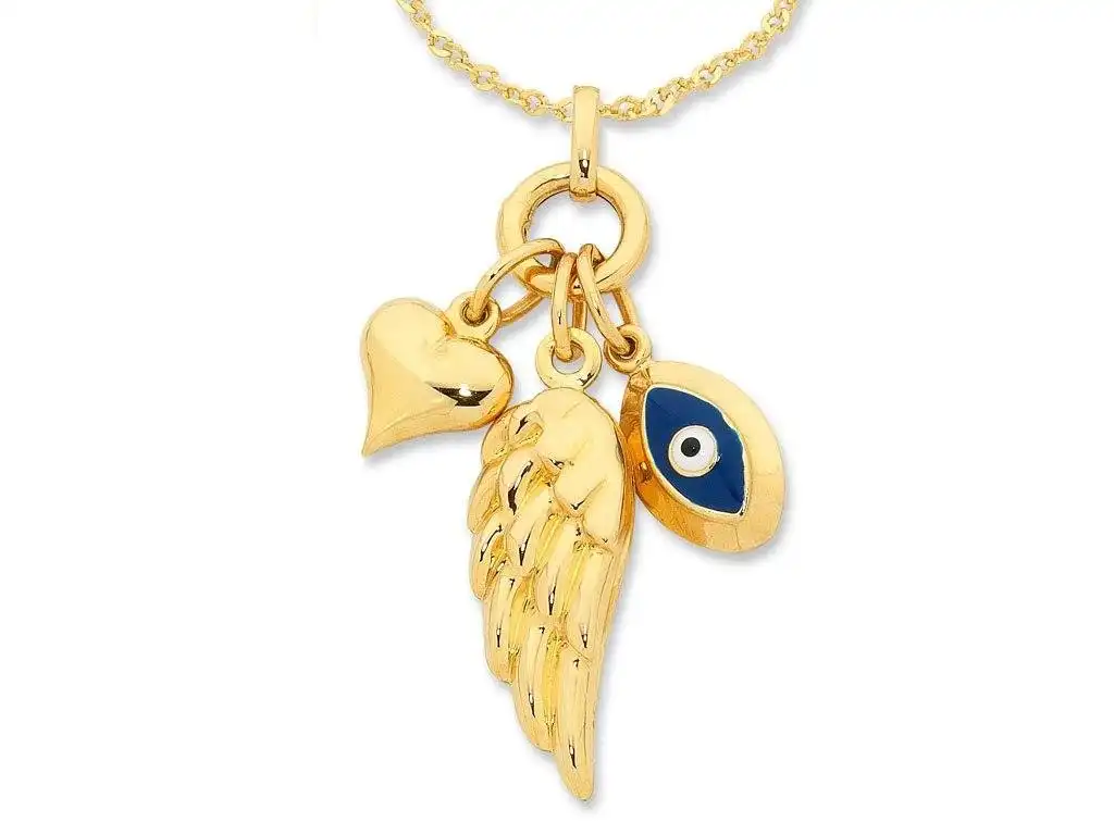 9ct Yellow Gold Silver Infused Heart Wing Evil Eye Necklace