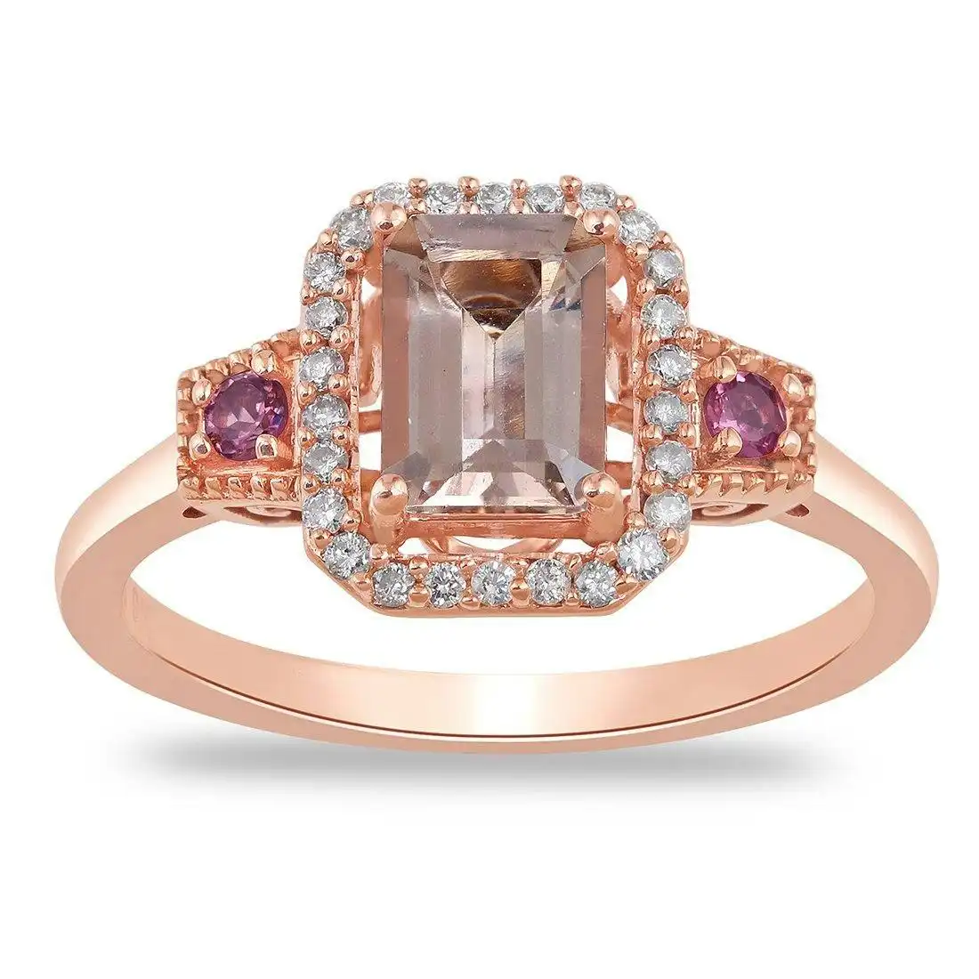 Morganite and Tourmaline Ring with 0.10ct of Diamonds in 9ct Rose Gold