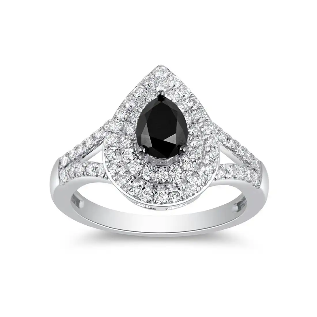 Facets of Love Pear Halo Ring with 1.35ct of Diamonds and 0.75ct Solitaire Black Diamond in 18ct White Gold
