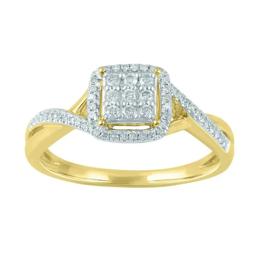 Brilliant Square Look Halo Ring with 1/5ct of Diamonds in 9ct Yellow Gold