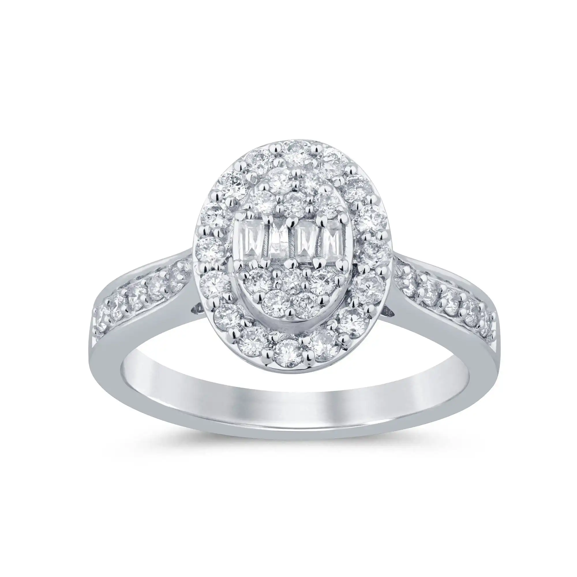 Oval Halo Baguette Ring with 1/2ct of Diamonds in 9ct White Gold