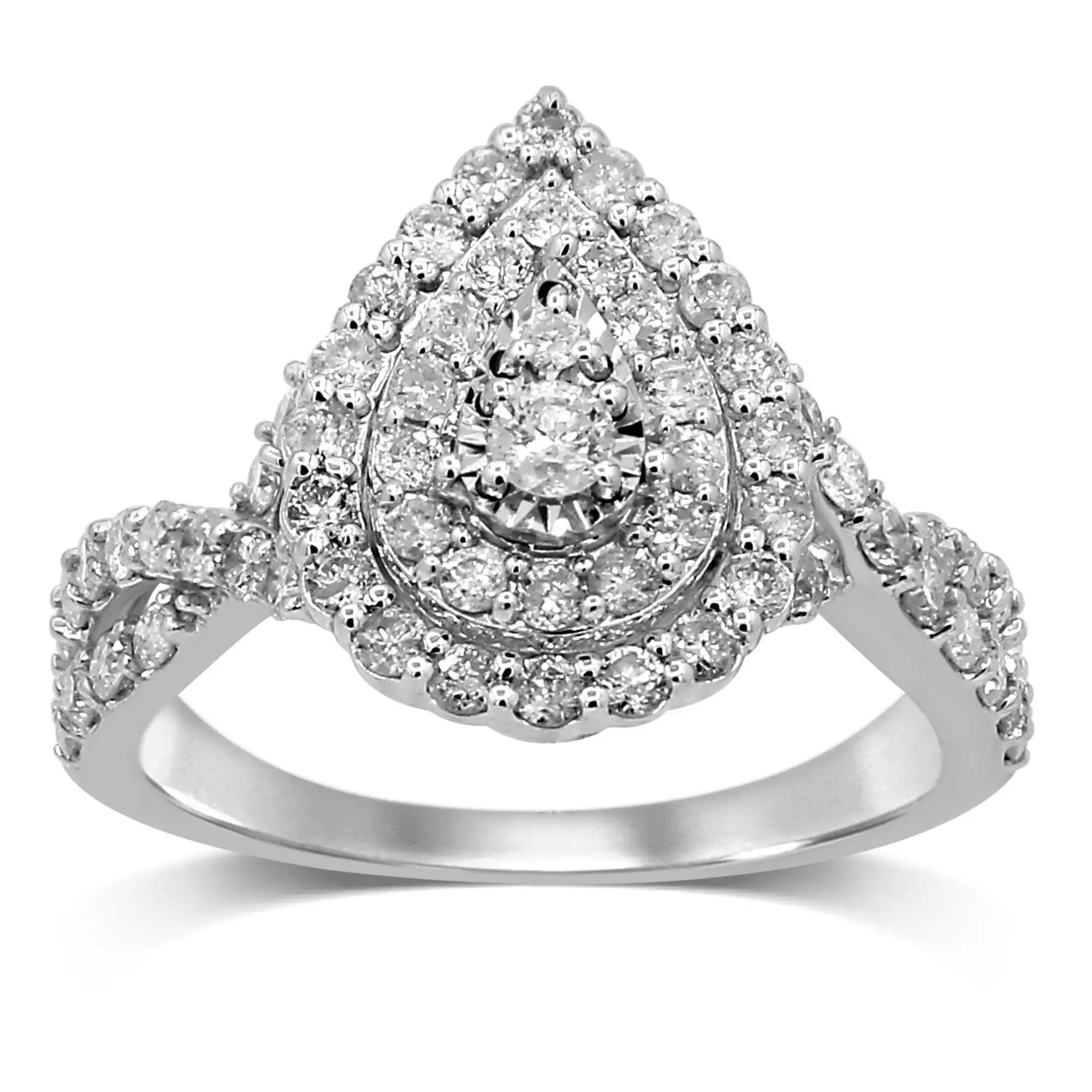 Double Halo pear shaped ring with 1.00ct of Diamonds in 9ct White Gold