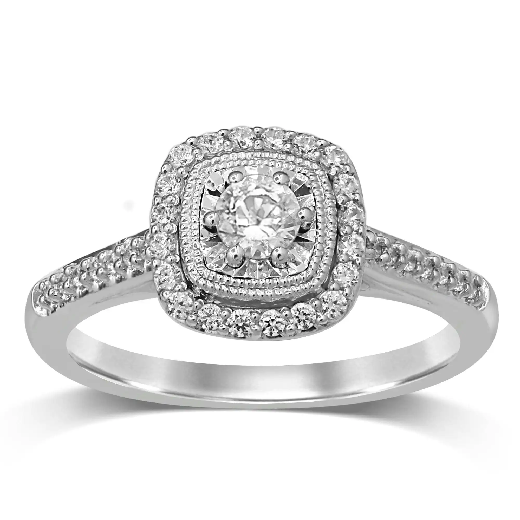 Facets of Love Solitaire Halo Square Look Ring with 1/2ct of Diamonds in 18ct White Gold