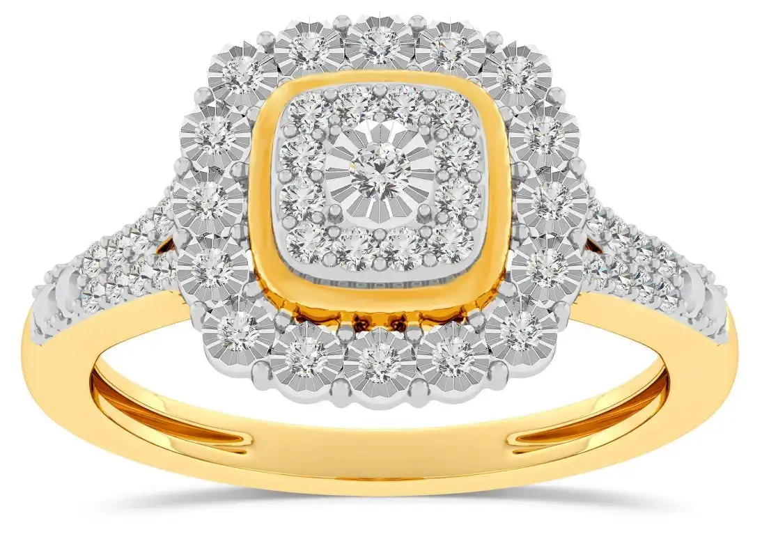Square Look Halo Ring with 1/5ct of Diamonds in 9ct Yellow Gold