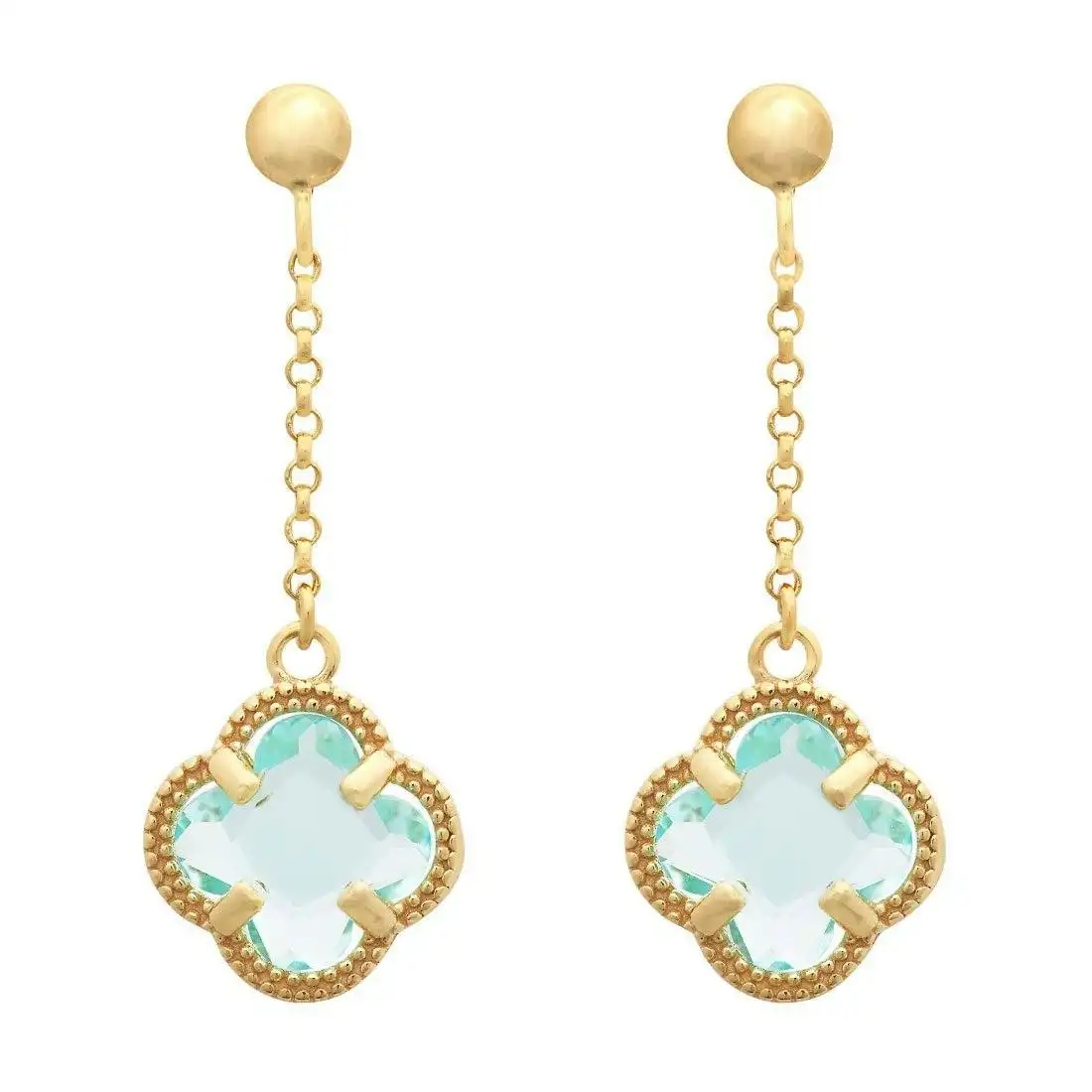 Blue 4 Leaf Clover Drop Earrings in 9ct Yellow Gold Silver Infused