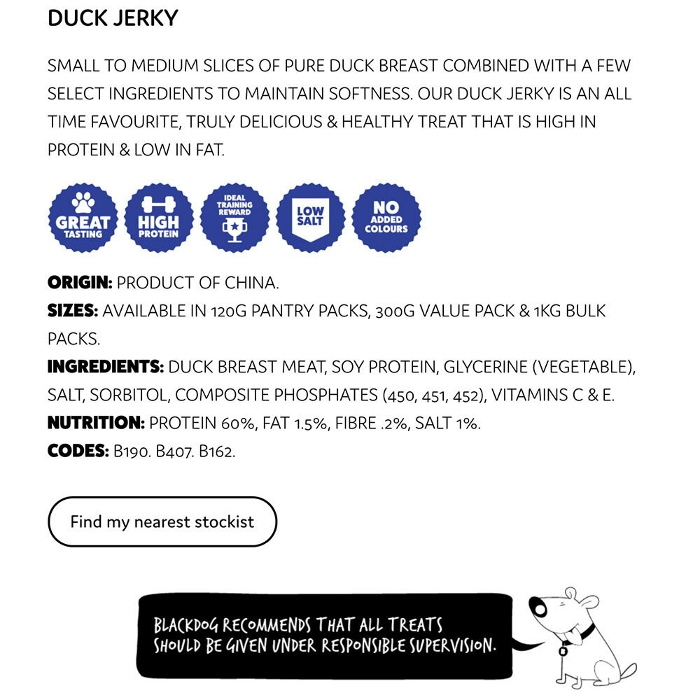 Blackdog 1kg Naturally Good Pet/Dog Duck Jerky Healthy Treats/Food/Reward