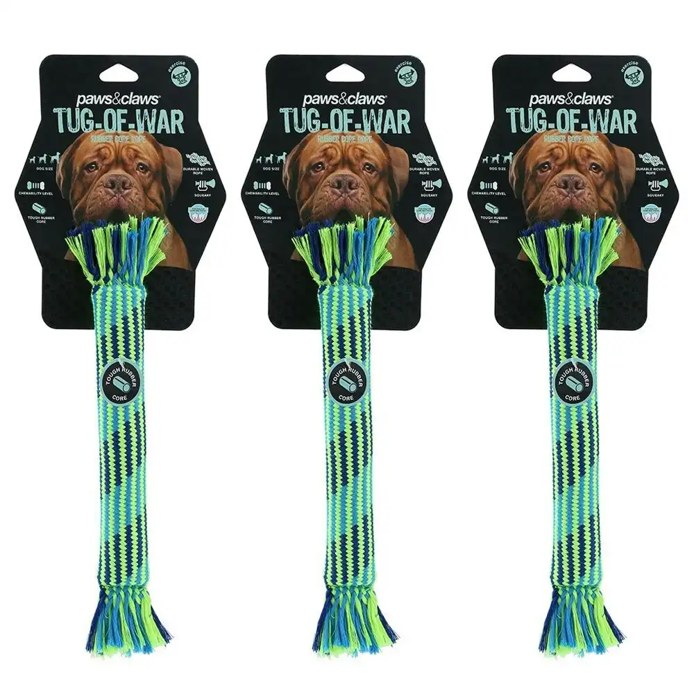 3x Paws & Claws 30cm Tug-Of-War Dog Chew Toy Rubber Core Rope Puppy Play BL/GRN