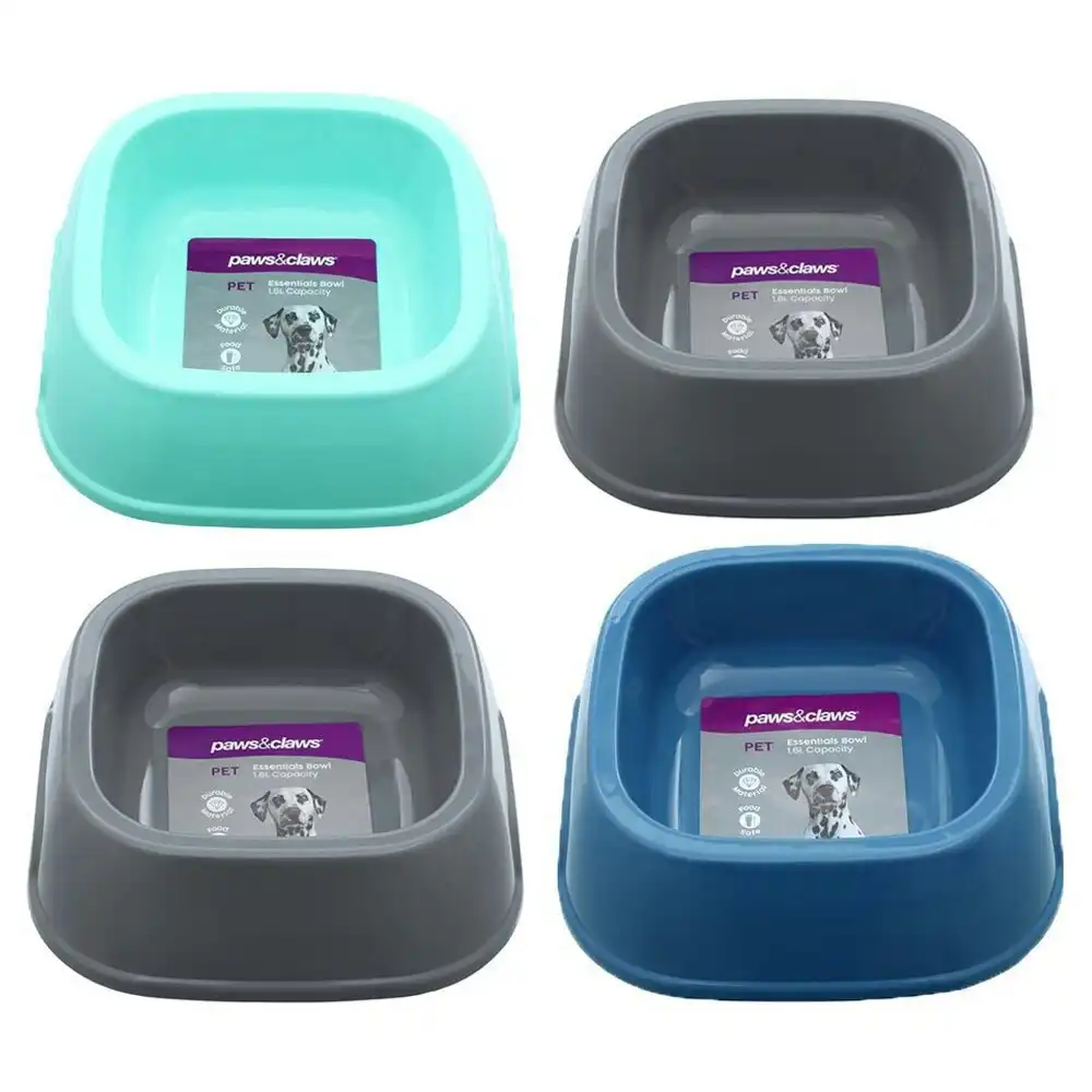 4x Paws & Claws Pet Essentials Dog 1.6L/21cm Food Bowl Square w/ Handle Assort.