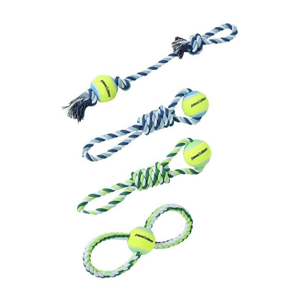 4x 3PK Paws & Claws Dog Toy 29cm Rope & Tennis Ball Tugger Pet Interactive Asst