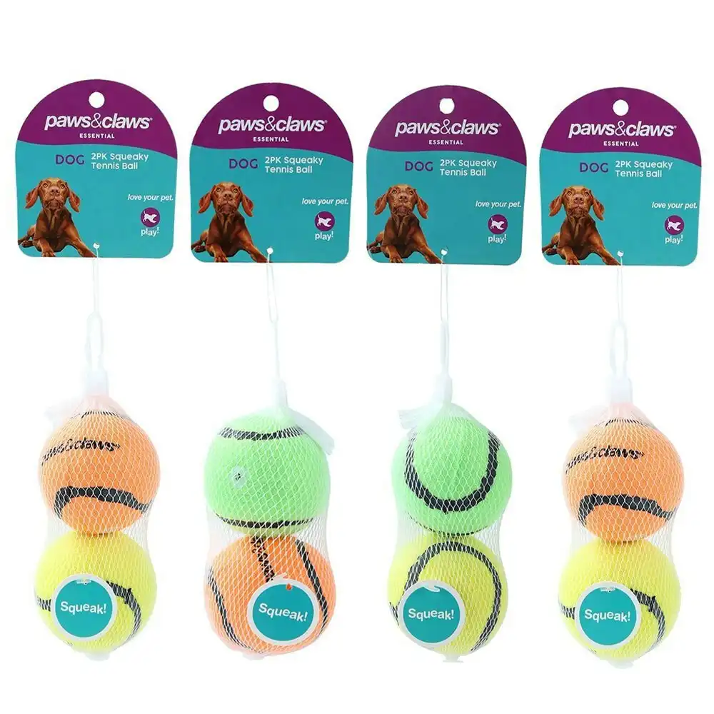 4x 2PK Paws & Claws Squeaky Tennis Balls Pet/Dog Toy Interactive Fun Play Assort