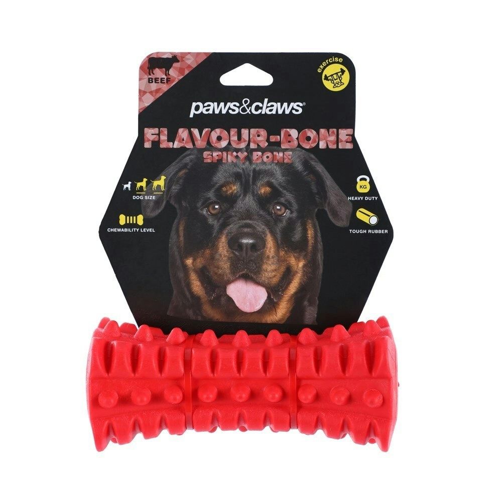 Paws & Claws 16cm Beef Flavour-Bone Spiky Bone Rubber Dog Toy Gums Clean Red