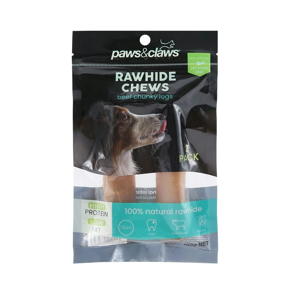 2PK Paws & Claws 100g Dog Treats Beef Rawhide Chunky Logs Pet 12cm Chew Food