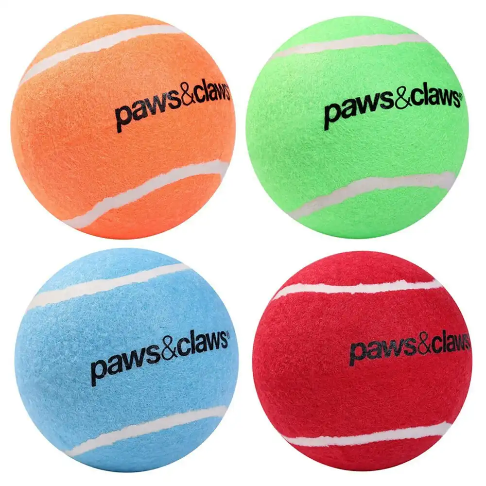 4x Paws & Claws Dog Toy Jumbo 10cm Tennis Solid Ball Pet Interactive Fun Assort