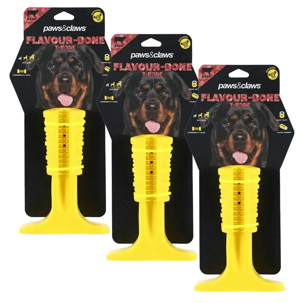 3x Paws & Claws 17cm Flavour-Bone T Bone Beef Flavoured Rubber Dog Chew Toy YL