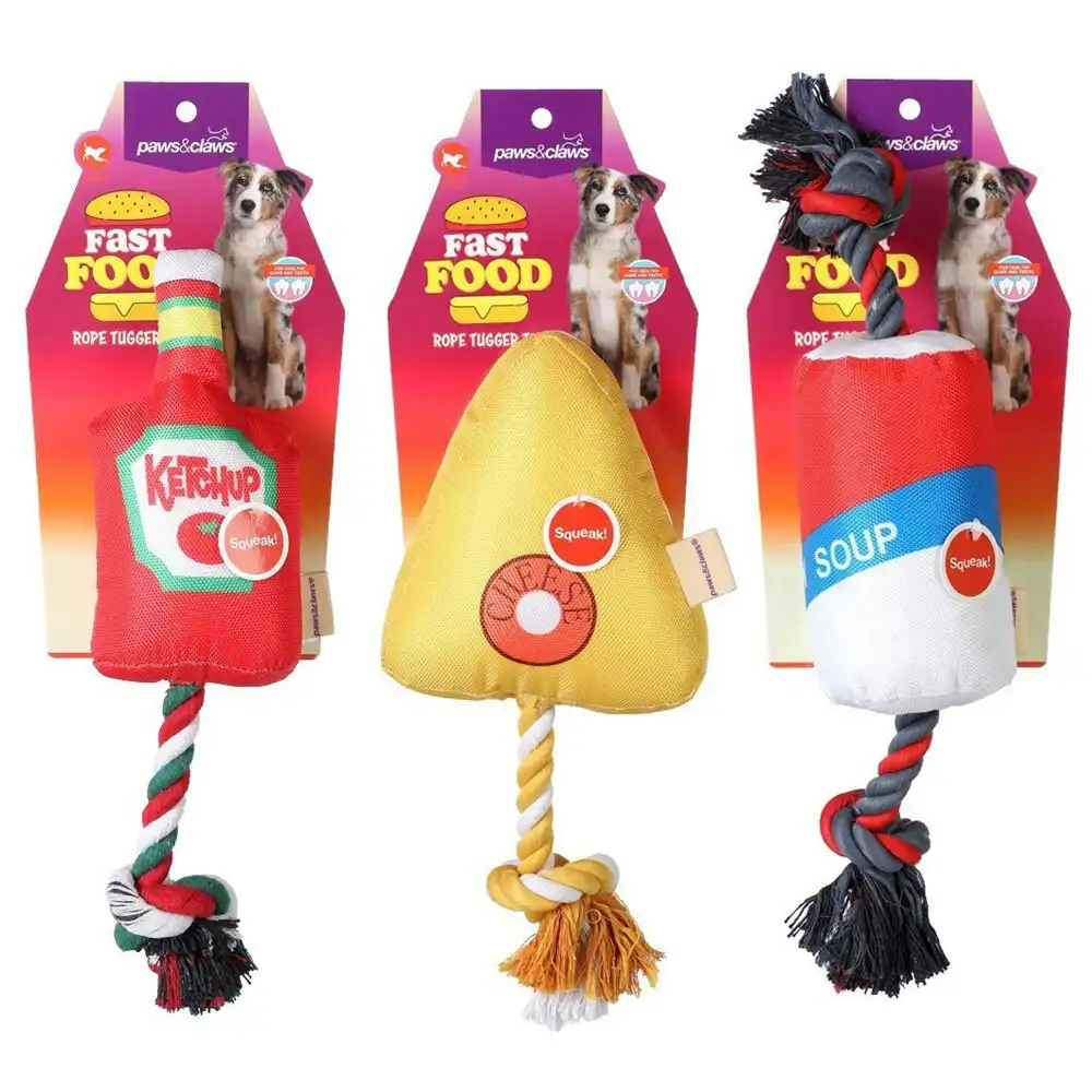 3x Paws & Claws 40cm Fast Food Rope Tugger Interactive Dog Toy w/ Squeaker Asst.