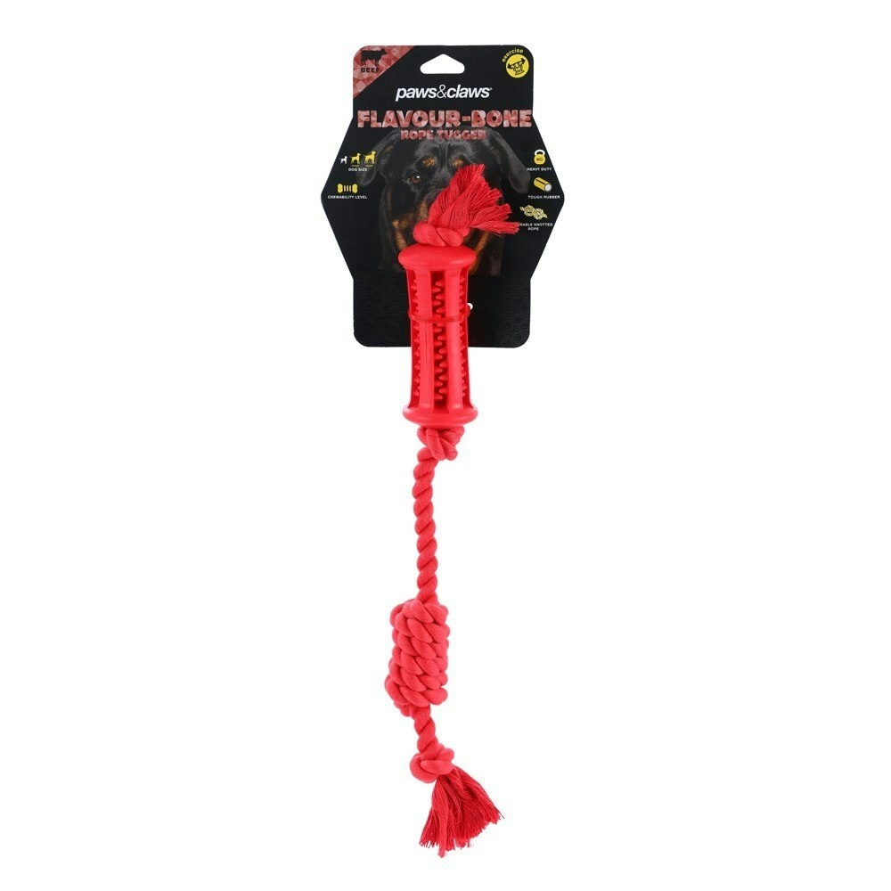 Paws & Claws 38cm Beef Flavour-Bone Rope Tugger Rubber Dog Toy Gums Clean Red