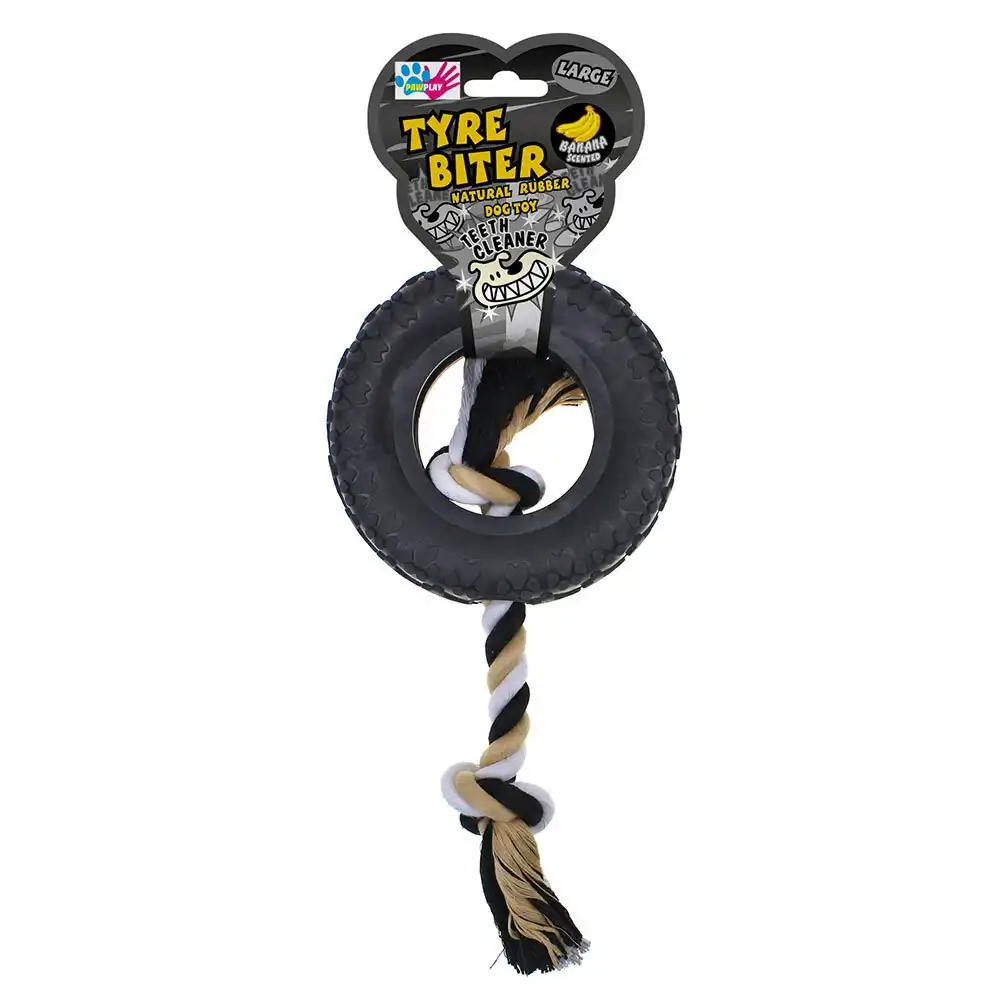 Paw Play 39cm Rubber/Rope Banana Scented Tyre Biter Pet/Dog/Cat Toy Large Black