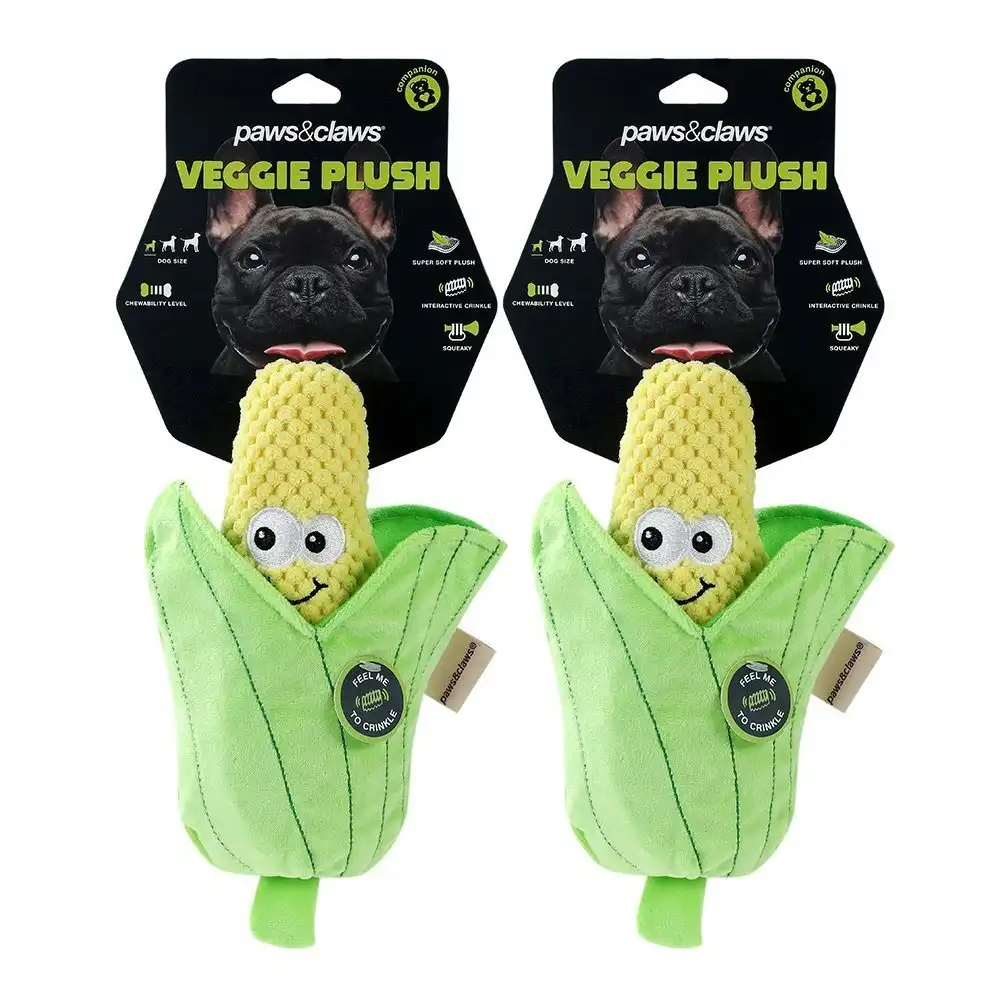 2x Paws & Claws 26cm Veggie Soft Plush Corn Cob Dog Interactive Toy w/ Squeaker