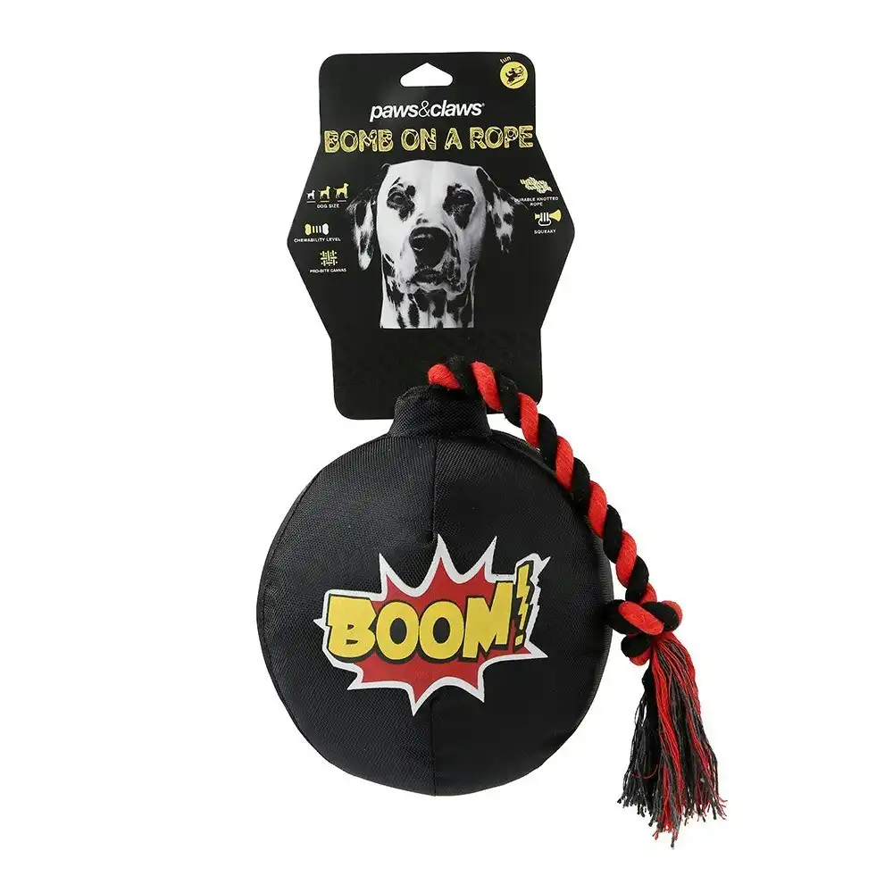 Paws & Claws Pet Dog 45cm Bomb-On-A-Rope Oxford w/ Squeaker Fun Play Toy Black