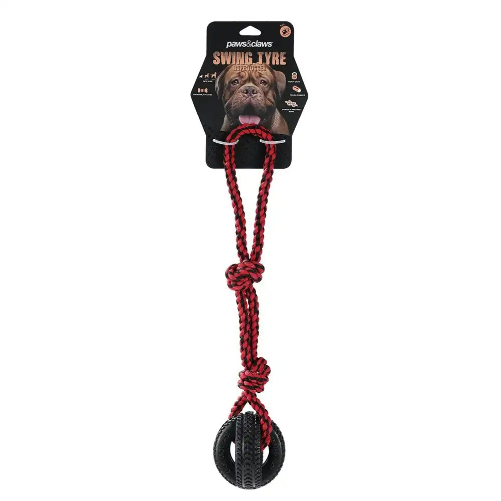 Paws & Claws Pet Dog 4-Way TPR 50cm Tyre Knotted Rope Tugger Chew Toy Black/Red