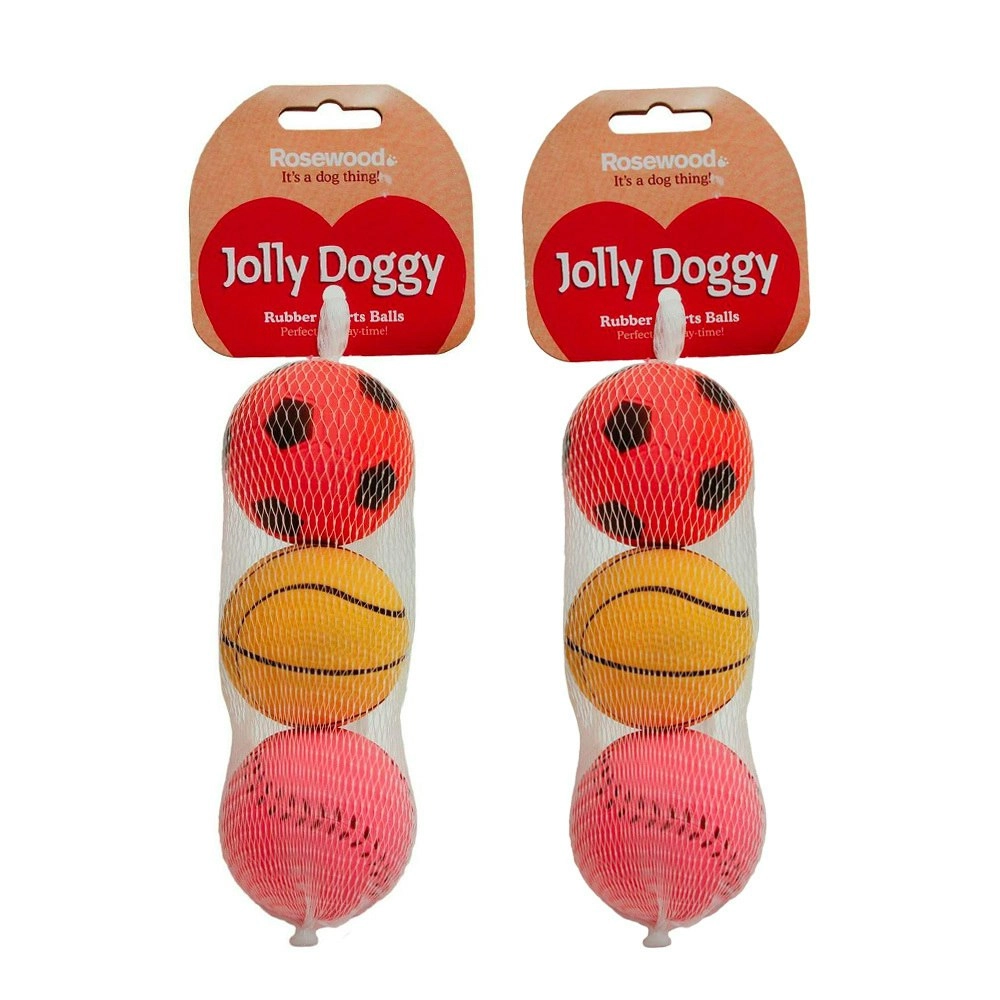 6pc Rosewood Jolly Doggy Rubber Sport Balls Throw/Fetch Pet Dog Play Time Toy