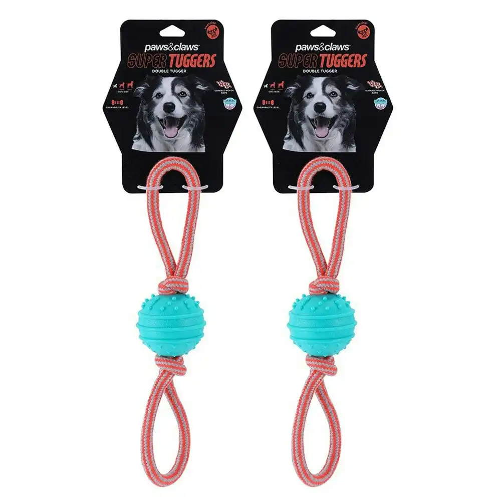2x Paws & Claws Pet Dog 40cm Super Tuggers TPR Ball/Rope Double Tugger Chew Toy