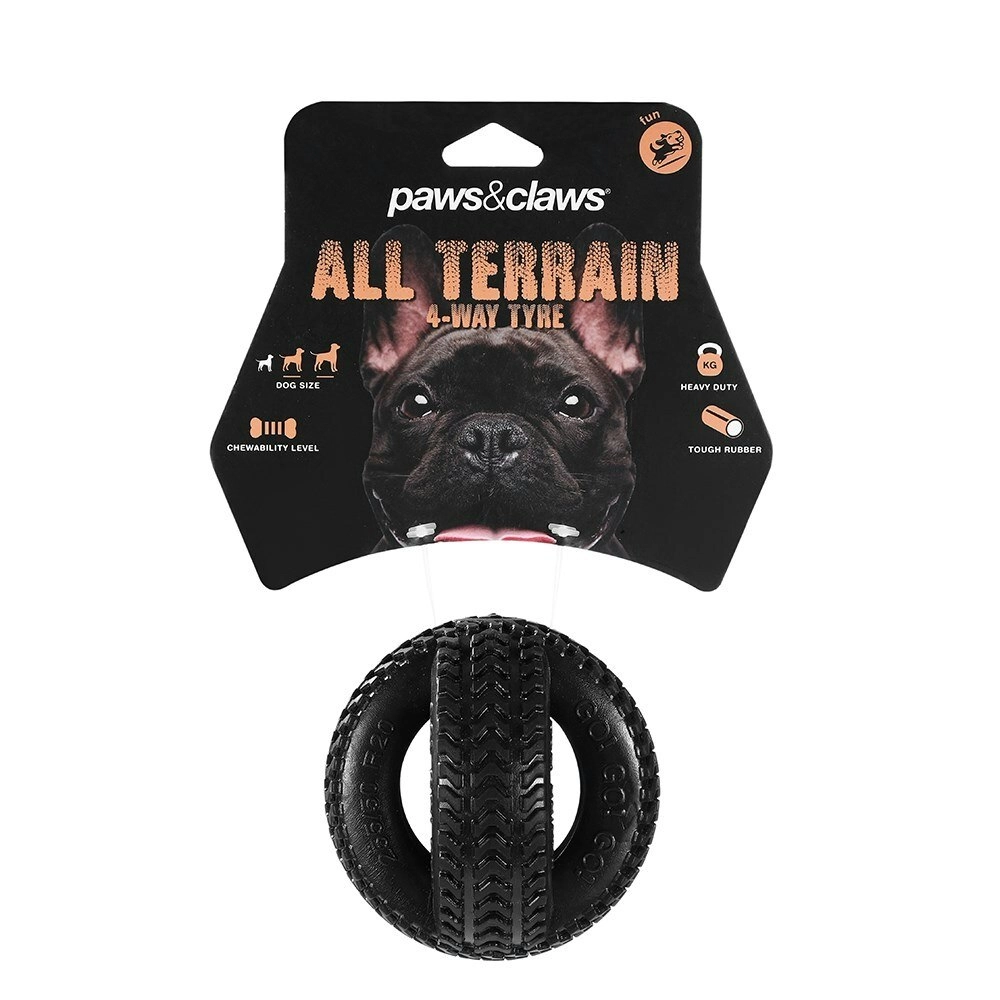 Paws & Claws 4-Way 9.5cm TPR Tyre Rubber Pet Dog Dental Teeth Clean Chew Toy BLK