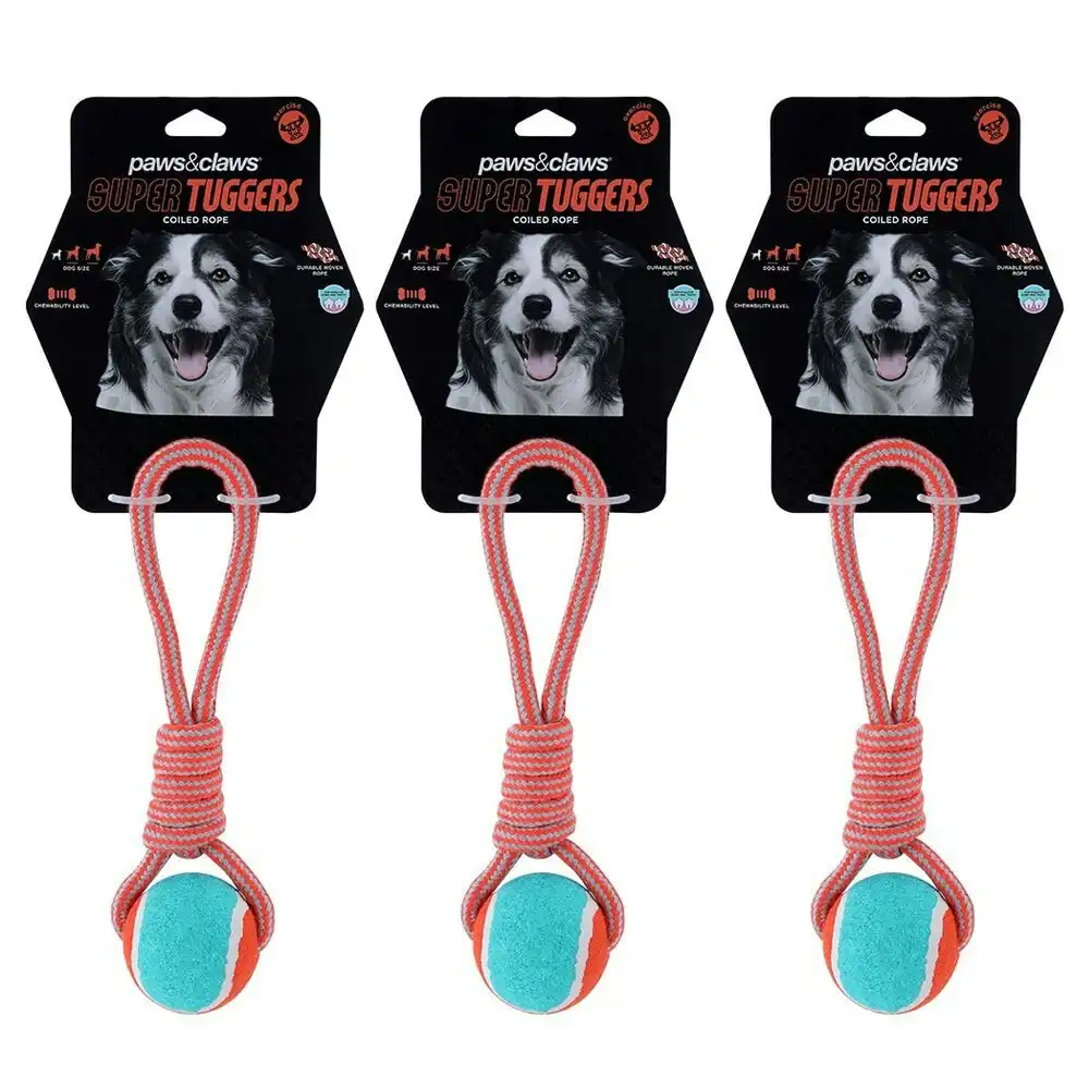 3x Paws & Claws 24cm Super Tuggers Coiled Rope Tennis Tugger Pet Dog Chew Toy