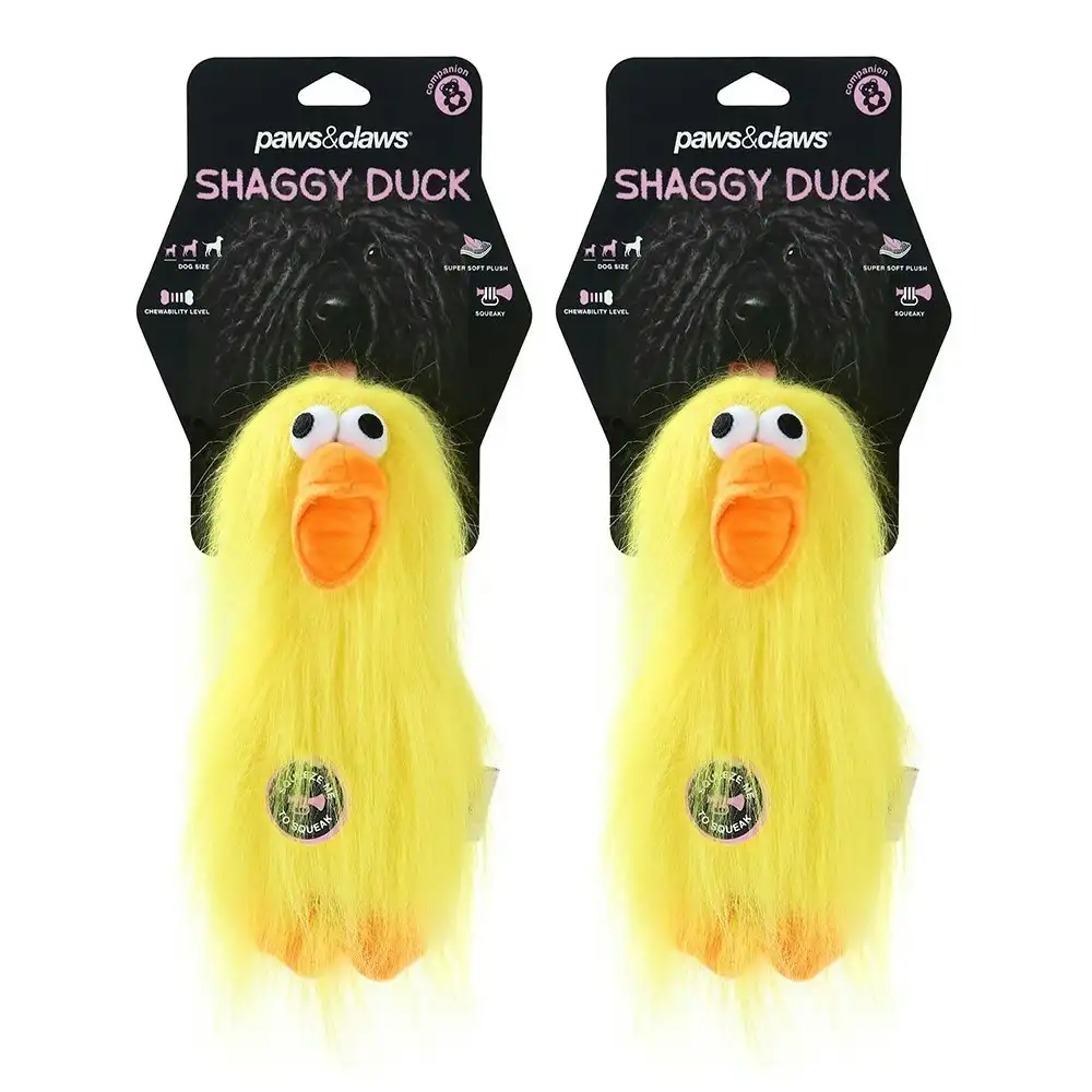 2x Paws & Claws 22cm Super Shaggy Duck Soft Plush Pet Dog Toy w/ Squeaker Yellow