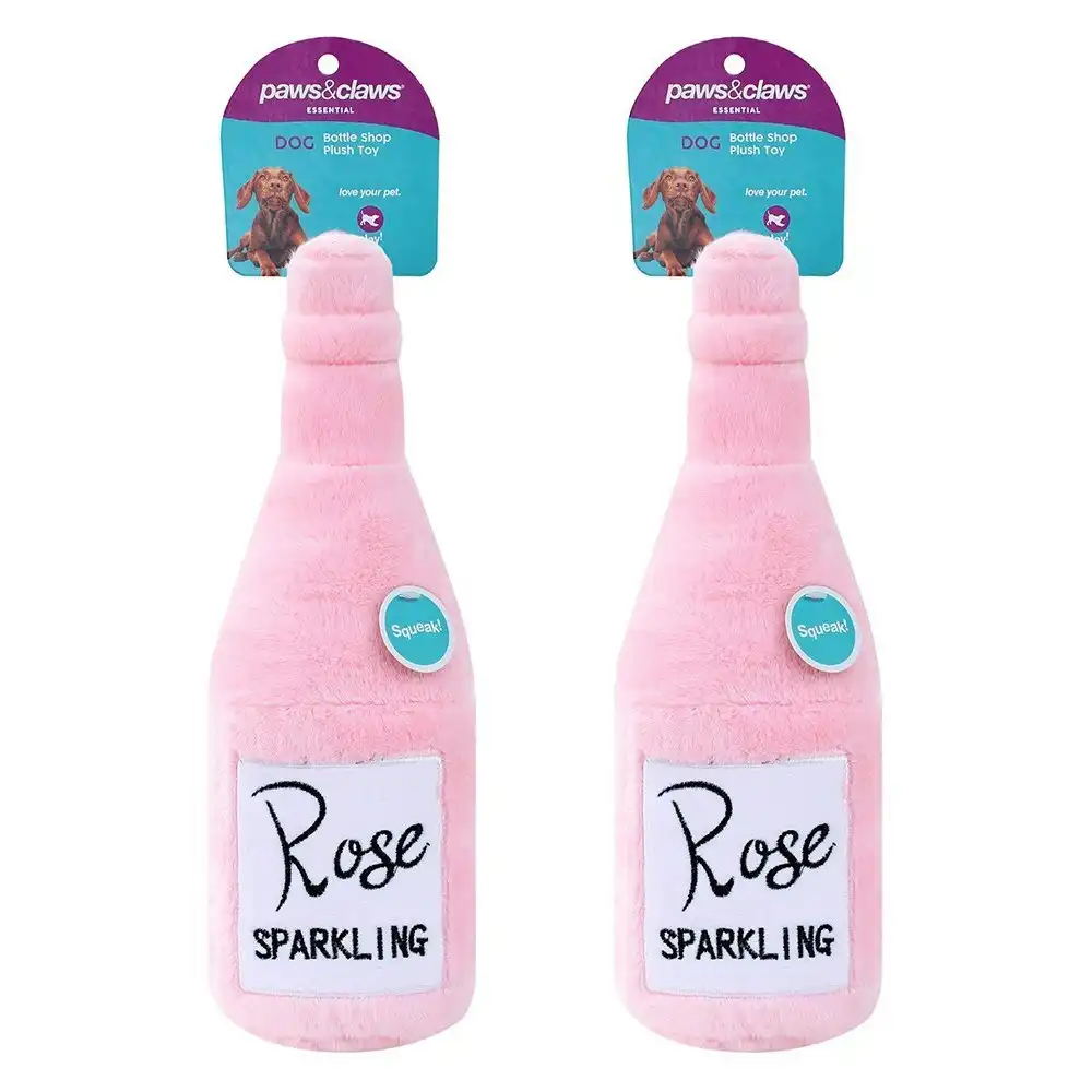 2x Paws & Claws Pet/Dog 31x10cm Rose Bottle Shop Soft Plush w/ Squeaker Toy Pink
