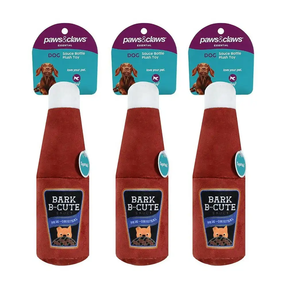 3x Paws & Claws Pet Dog 20x8cm Soft Plush Toy BBQ Sauce Bottle w/ Squeaker Red