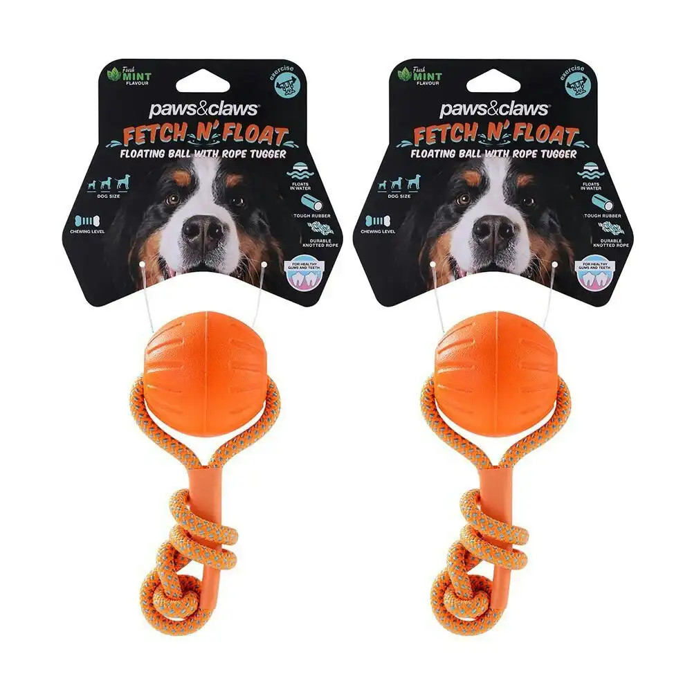 2PK Paws & Claws 6cm Fetch N Pet Dog Ball Rope Rubber Tugger/Chewing Toy Orange